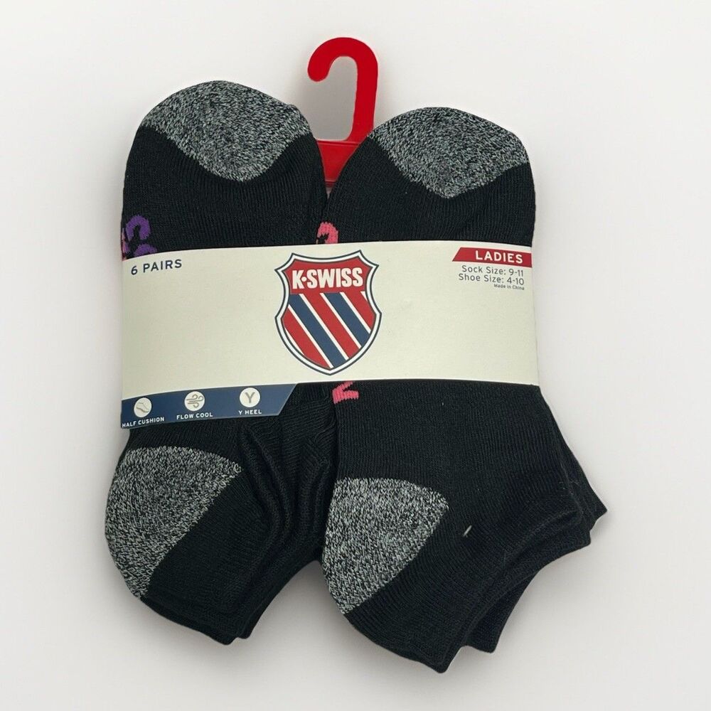 K Swiss Women's No-Show Socks 6 Pack Medium 4-10‎ Black Flow Cool $28 Cushioned